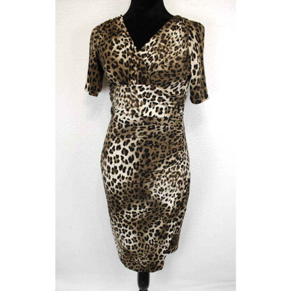 Evan-Picone Leopard Print Dress Women 4 V-Neck Short Sleeve Midi Ruched Lined